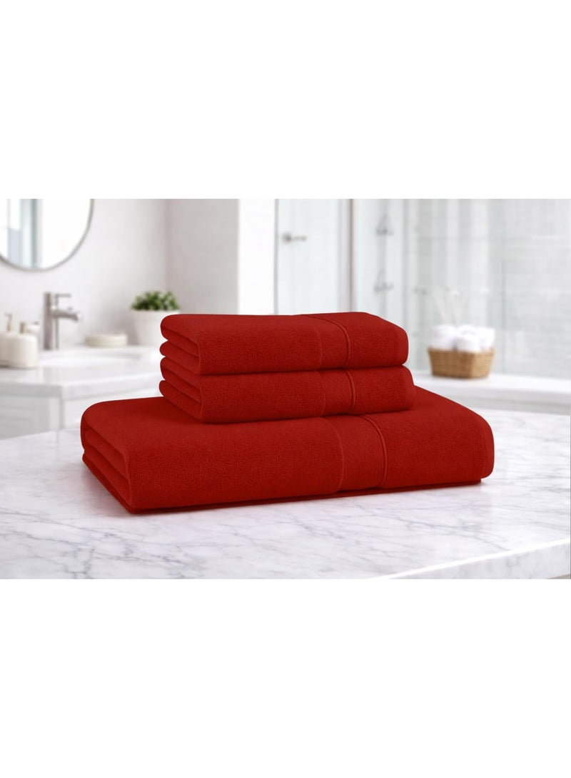 طقم مناشف حمام من القطن المصري مكون من 3 قطع بحافة من الجاكار بنقشة أوراق الشجر - منشفة يد كبيرة 100 × 50 سم ومنشفتان للوجه 30 × 30 سم - امتصاص عالي (أحمر، منشفة يد واحدة + منشفتان للوجه) - Image 2